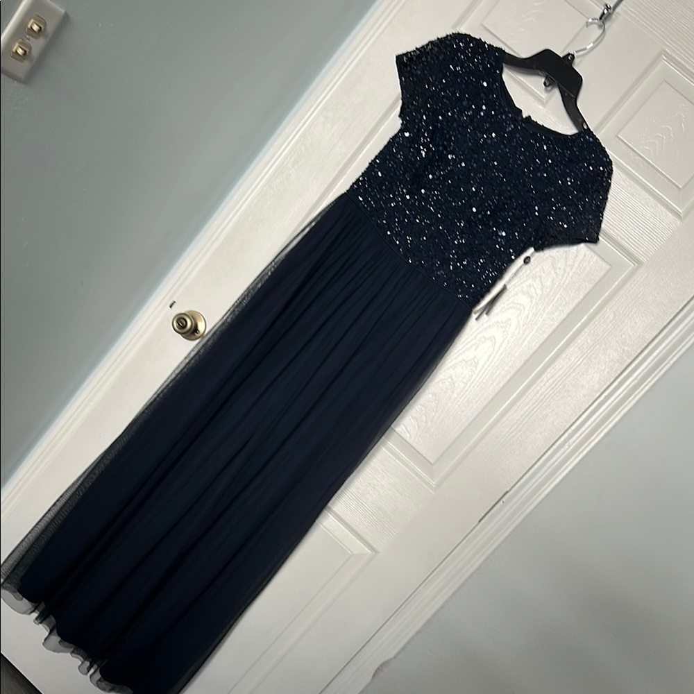 Adrianna Papell Blue Sleeveless Maxi Gown for Prom